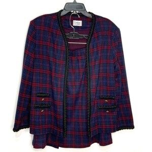 Cricket Lane Women's Pull-On Skirt Suit Open Jacket Plaid Blue Pink Size 14 / 18